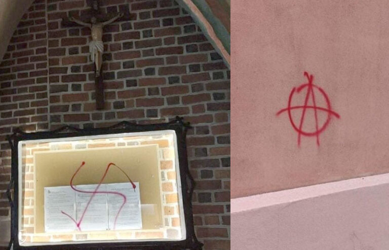 Swastyka i symbol anarchii na kościele w Opolu