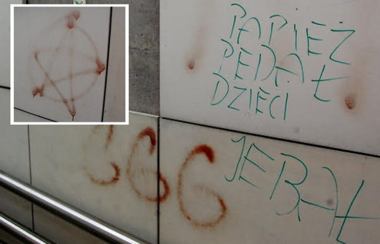 Wulgarne napisy i symbole satanistyczne przy pomniku Jana Pawła II