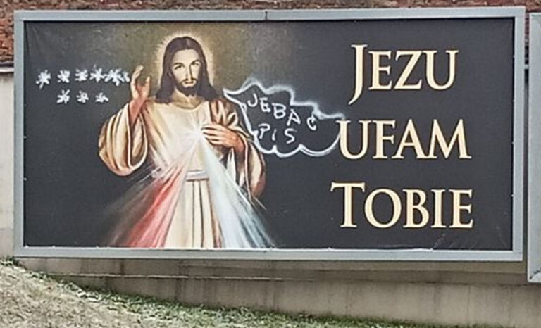 „J…ć PiS” na banerze z wizerunkiem Jezusa Miłosiernego